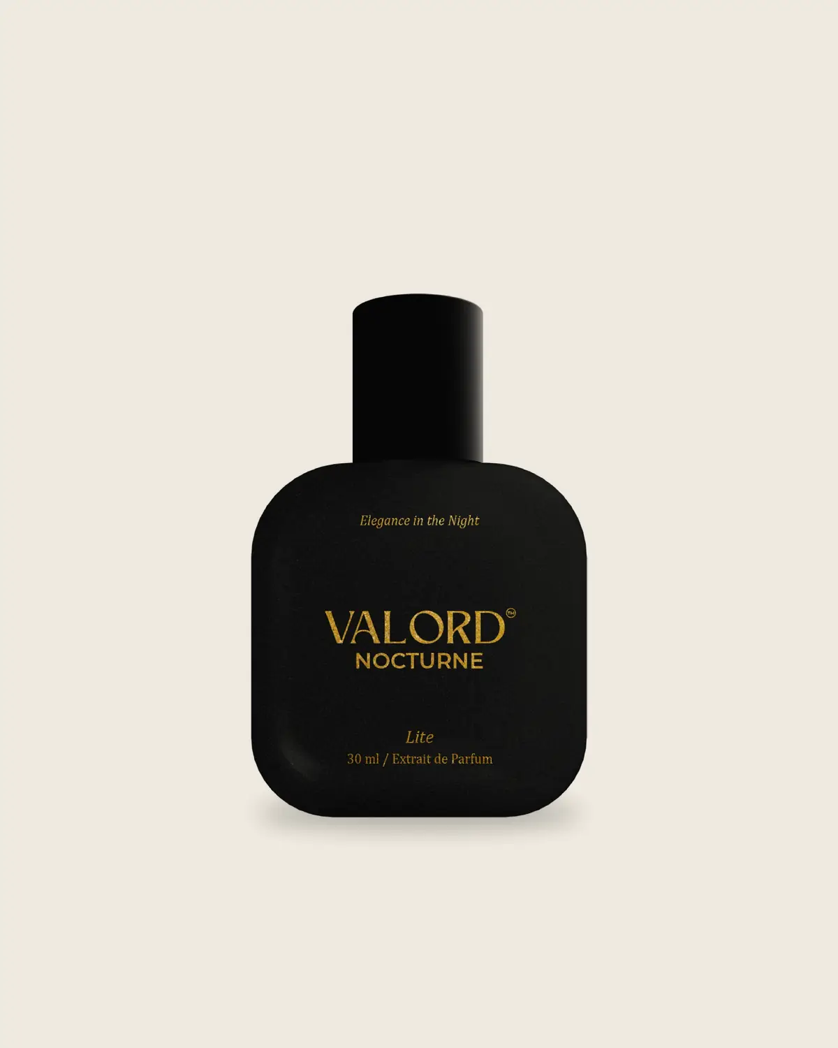 Botol parfum Valord Nocturne berwarna hitam di atas latar gading